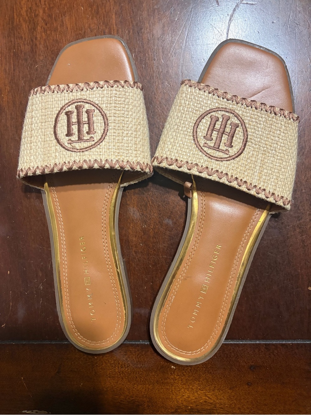 Tommy Hilfiger Tan and Beige Woven Slide Sandals
